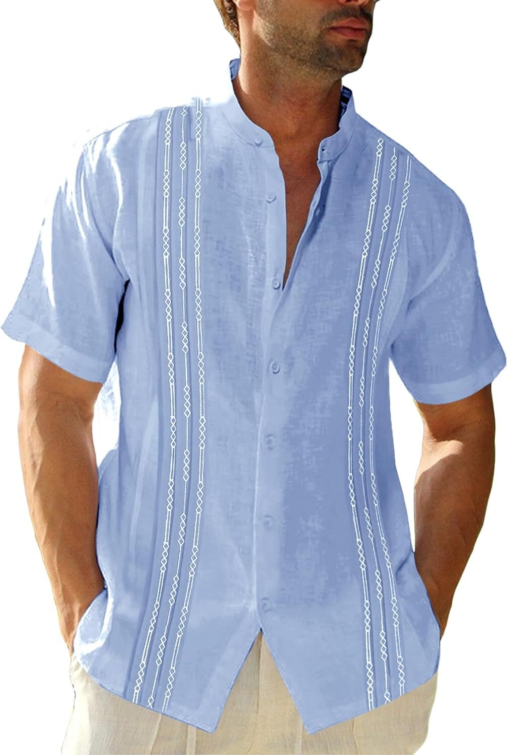 Mens Guayabera Shirt Linen Cotton Embroidered Short Sleeve Cuban Wedding Beach