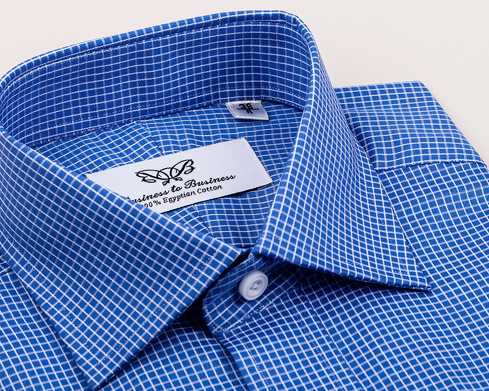 Blue Checkered Dress Shirt Luxury Business Button Cuff Soft Easy Iron Fabric