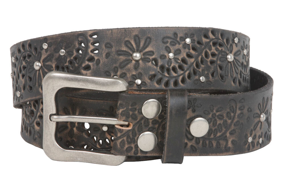 Snap On Vintage Cowhide Full Grain Leather Floral Rivet Perforated Casual Belt