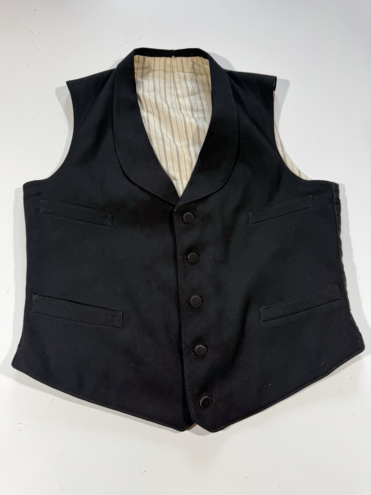 Antique Victorian Mens Black Silk Satin Lined Buckle Back Formal Vest Waistcoat