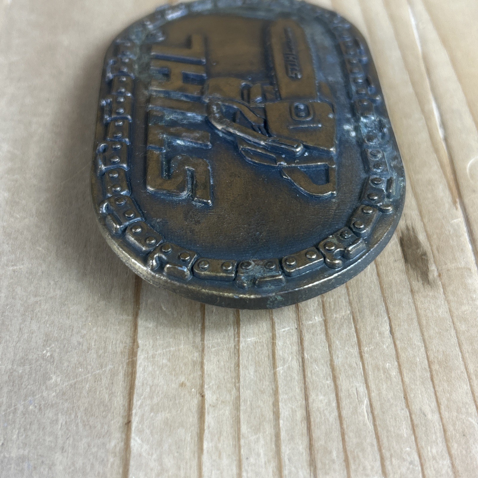 STIHL Chainsaw Belt Buckle Brass Chain Border Vintage 1980s