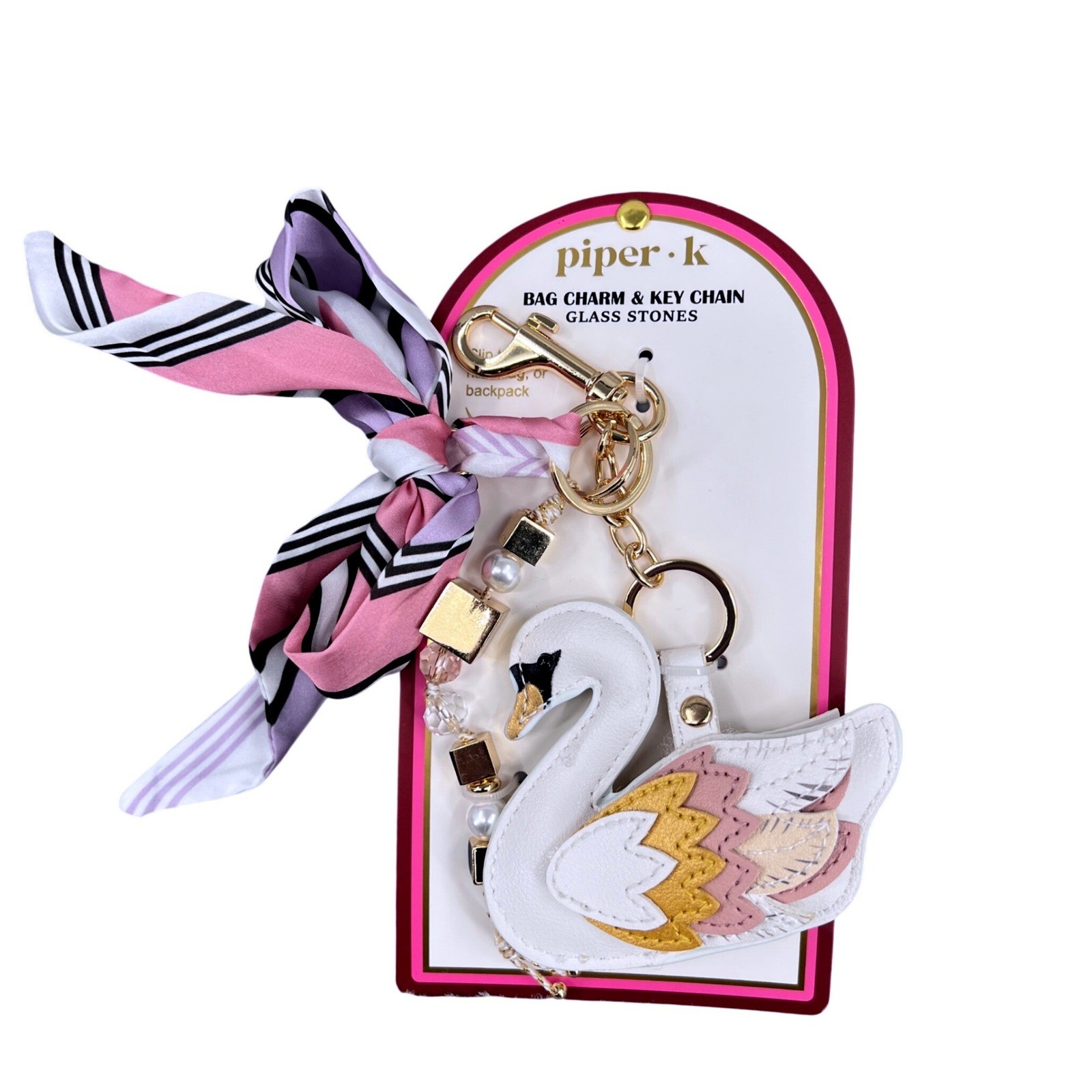 Piper K Swan Bag Charm Keychain Scarf Accent Gold Tone NWT Gift Girly Cute