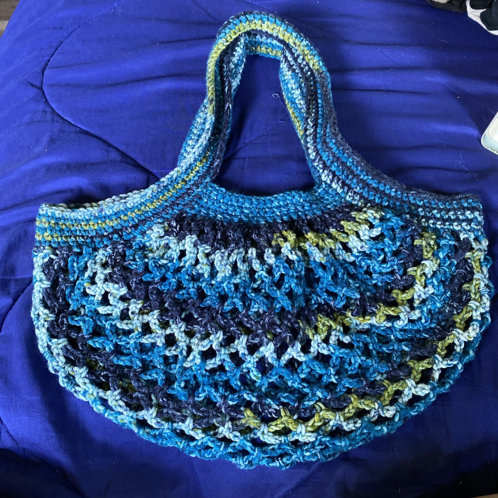Medium Handmade Crocheted French Mesh Market Bag Blue|Green