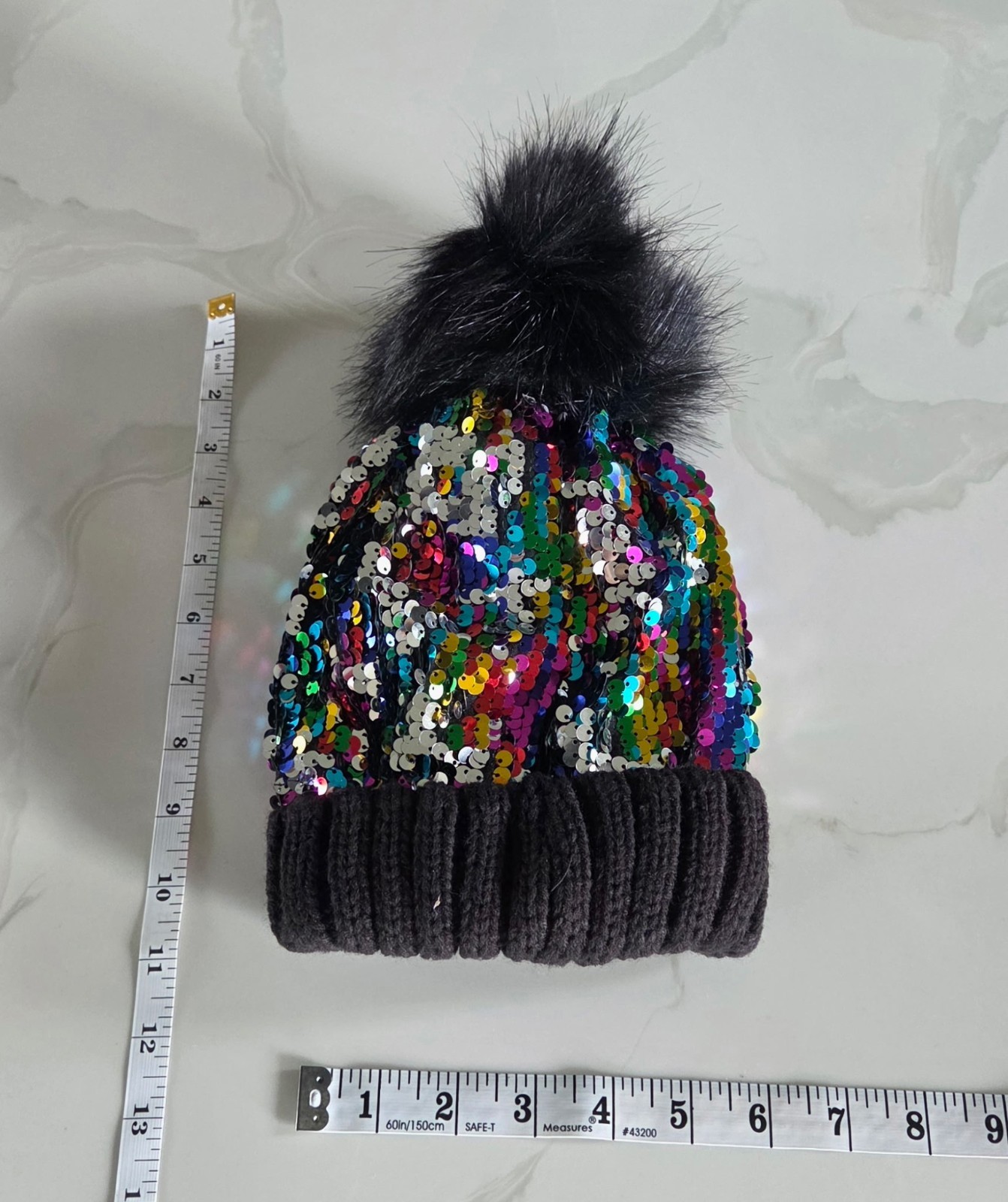 Multi-Color Sequin Embroidered Fold Over Beanie Hat w/ Large Fluffy Pom Pom
