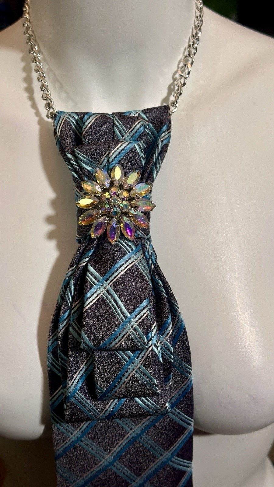 Women’s Blue & Gray Plaid Designer Neck Tie Necklace with Rhinestone Pendant