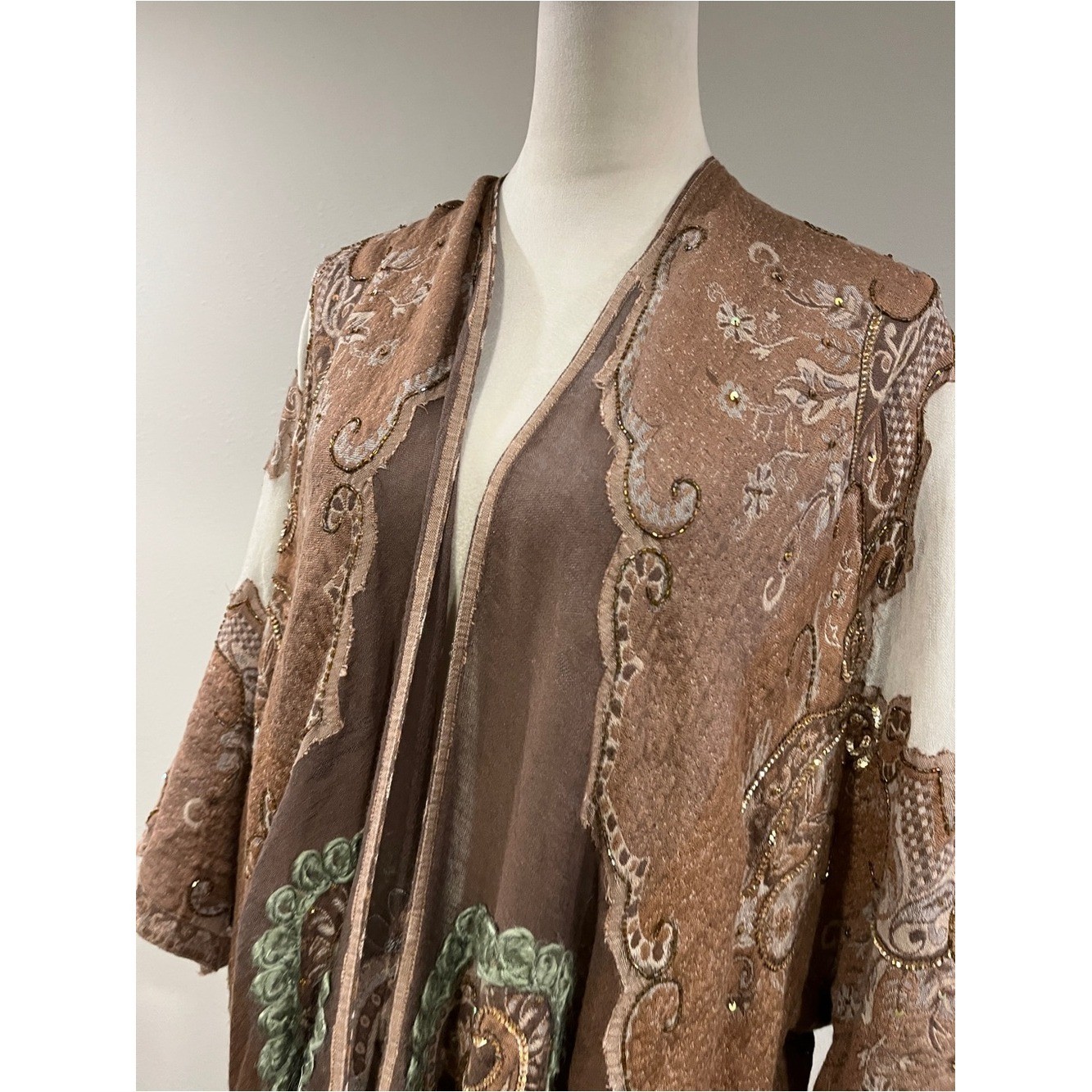 Soft Surroundings Brown Paisley beaded sequins Fringe Kimono