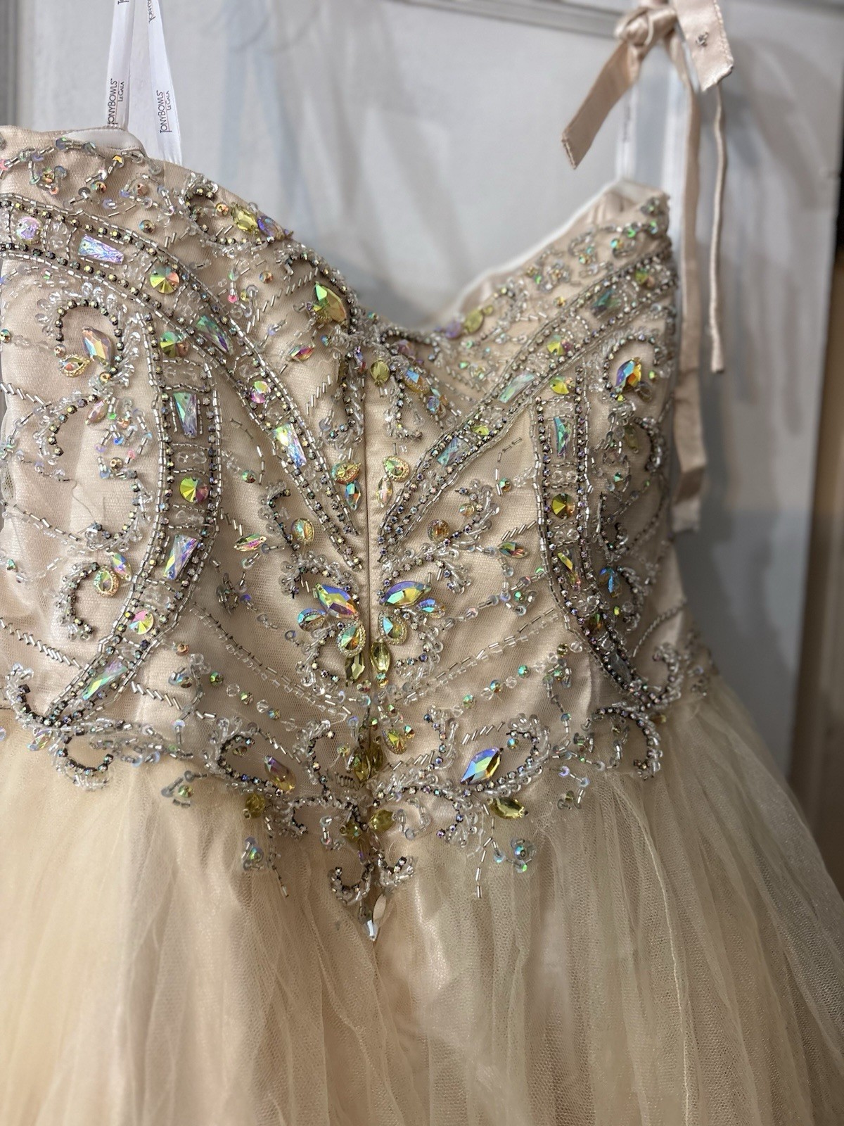 Tony Bowls Beige Beaded Bodice Tulle Ball Gown Formal Dress Polyester