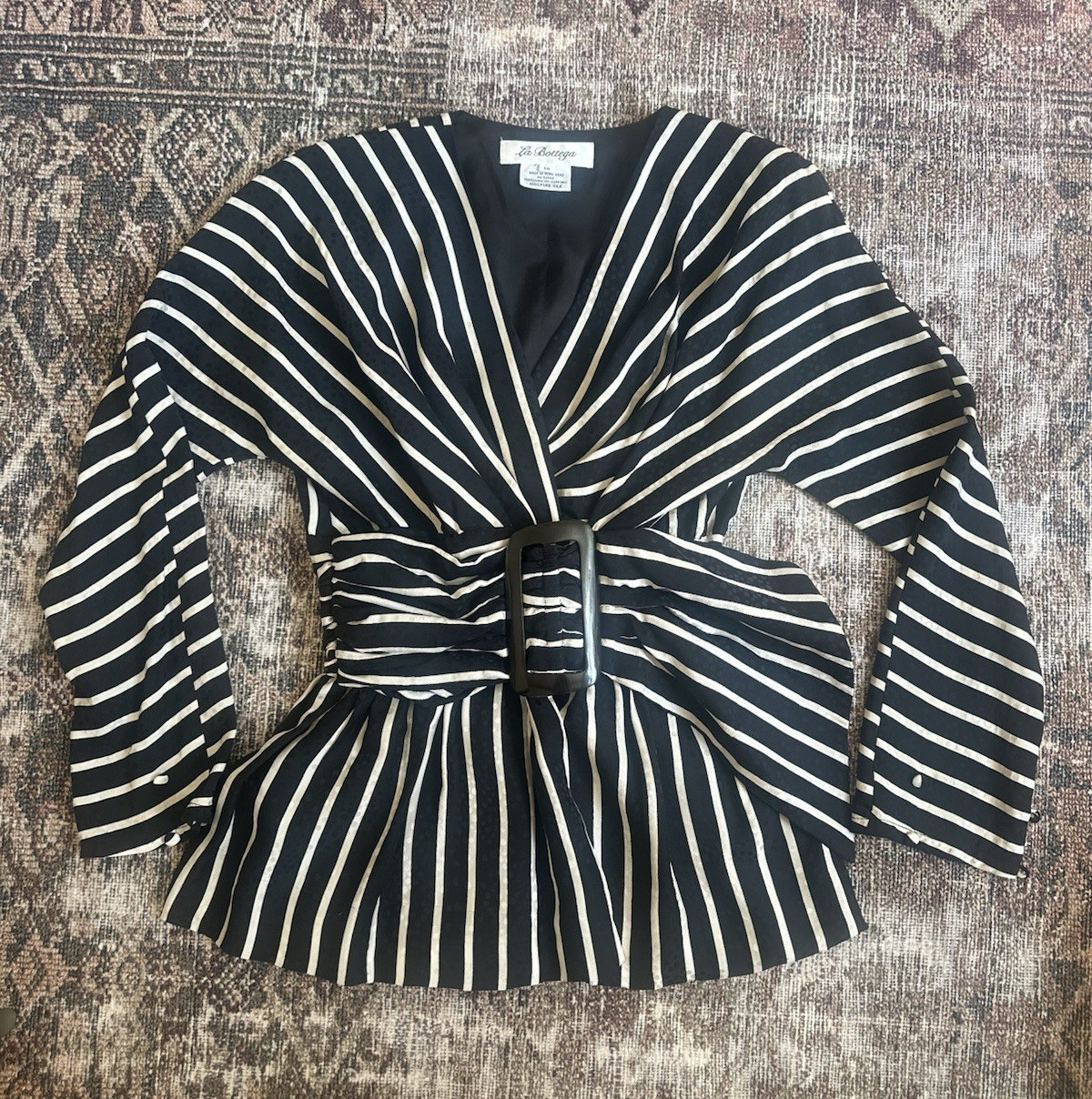 La Bottega Black & White Striped 100% Silk Belted Buckle Blouse Long Sleeve 10