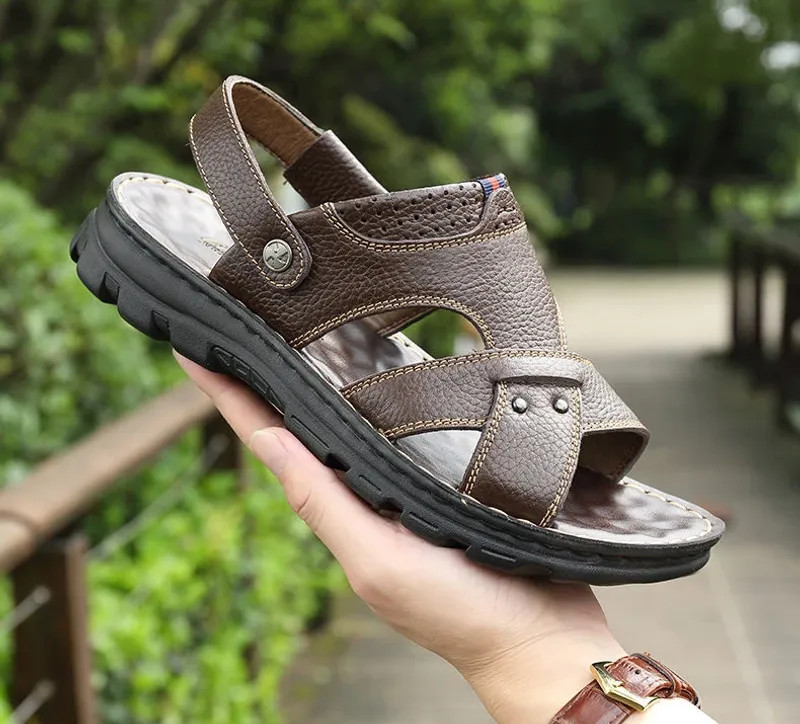 Summer Men Leather Sandals Genuine Leather Non-slip Men Shoes Slippers