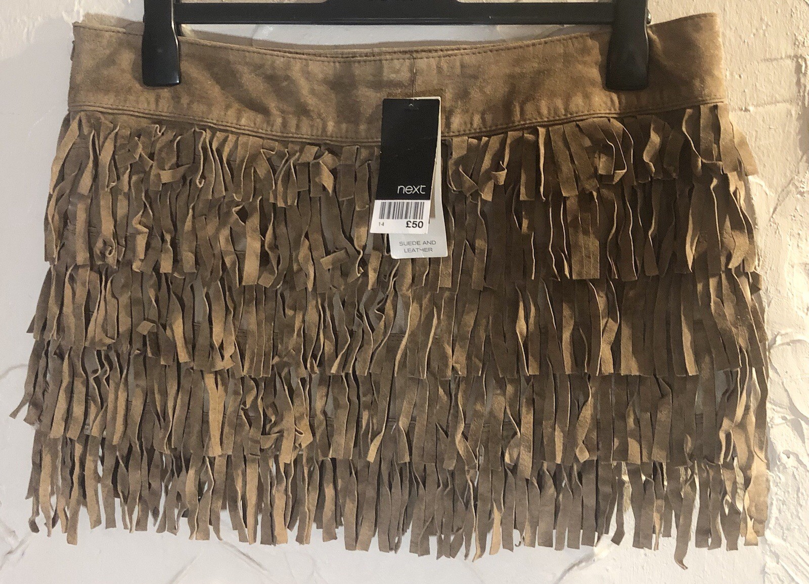 Real Suede Tasselled Mini Skirt Uk 14 Tan Layered Fully Lined BNWT RRP £50 NEXT