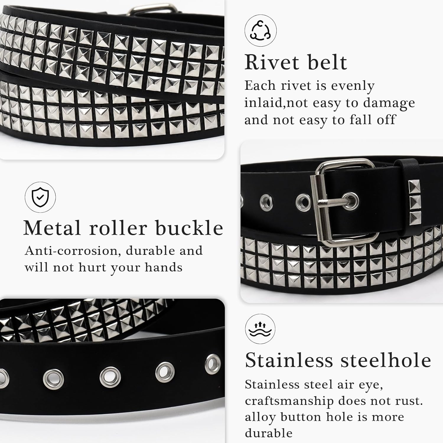 3 Pcs Black Studded Belt Y2K Belt Star Gothic Punk Rock Belts with Grommet Threa