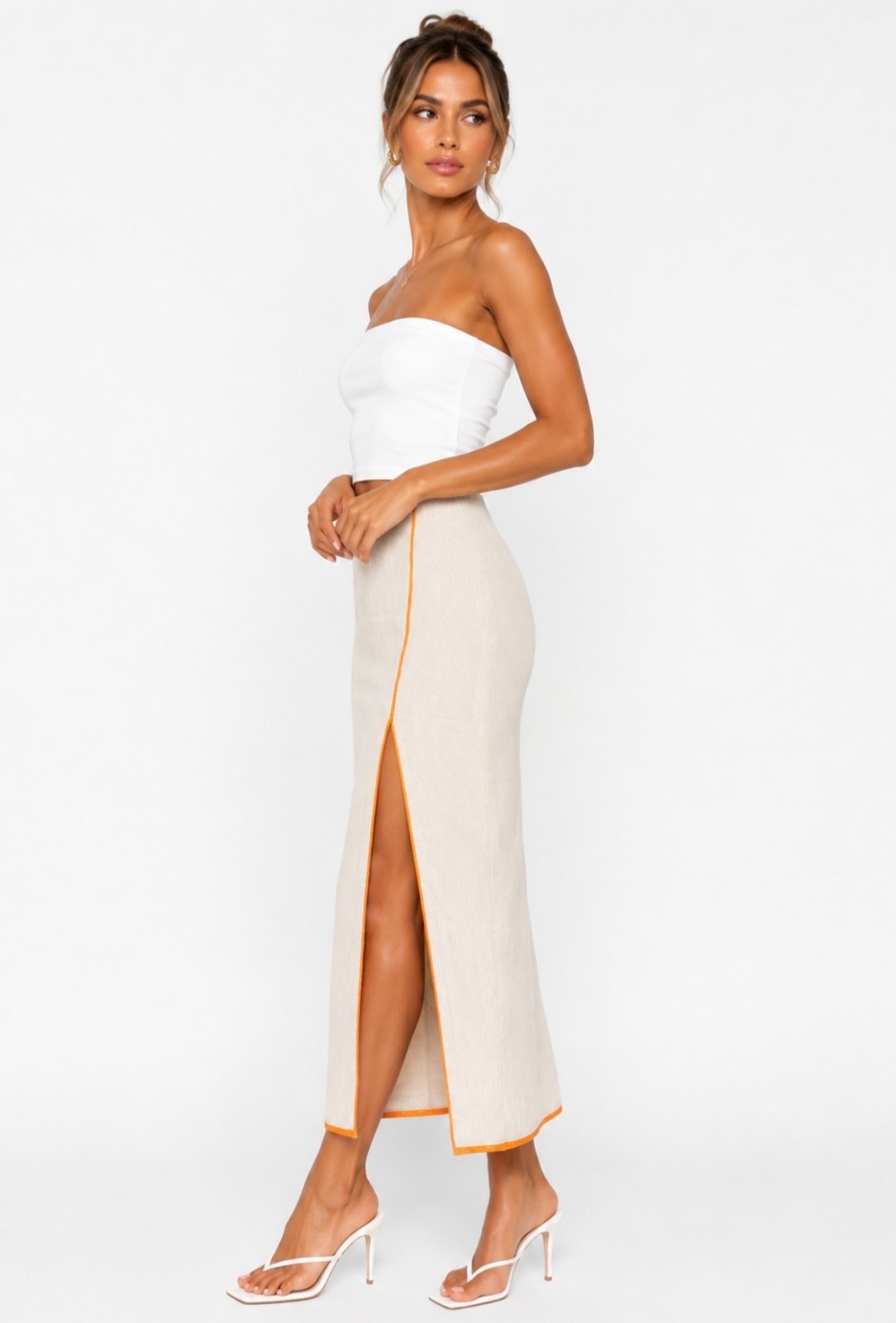 NEW Sheike Linen Blend Midi Skirt Natural Beige & Orange Trim Front Split Size 6