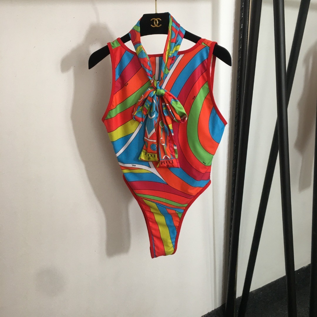 PuccI’s new color-blocked abstract print one-piece swimsuit with scarf, size M
