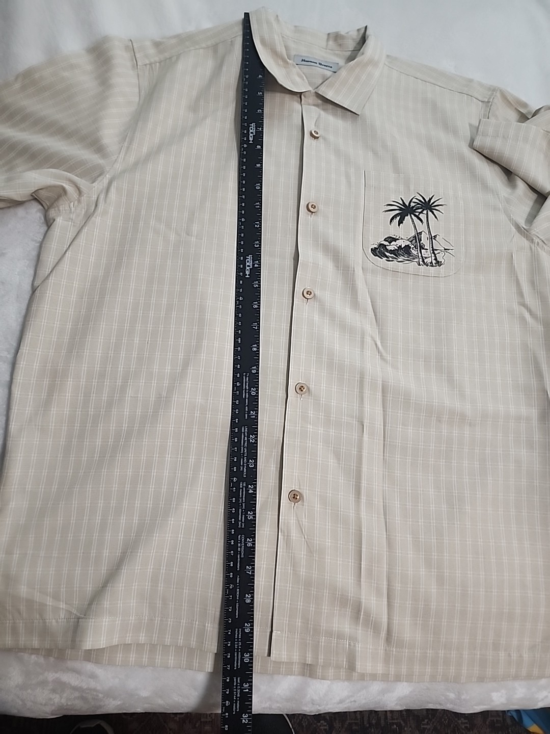 Havana Breeze Men’s L Beige White Plaid Beach Party Hawaiian Aloha Shirt Cruise