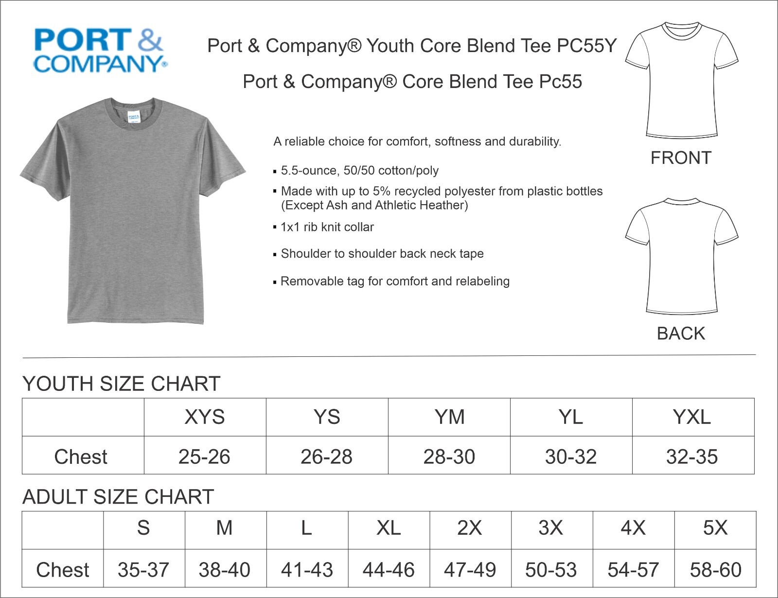 Port & Company Cotton/Poly Core Blend 50/50 T-Shirt PC55