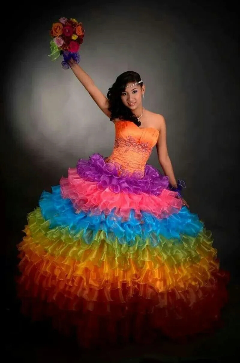 Rainbow Colorful Ball Prom Dresses Tiered Organza Lace Applique Bridal Gowns