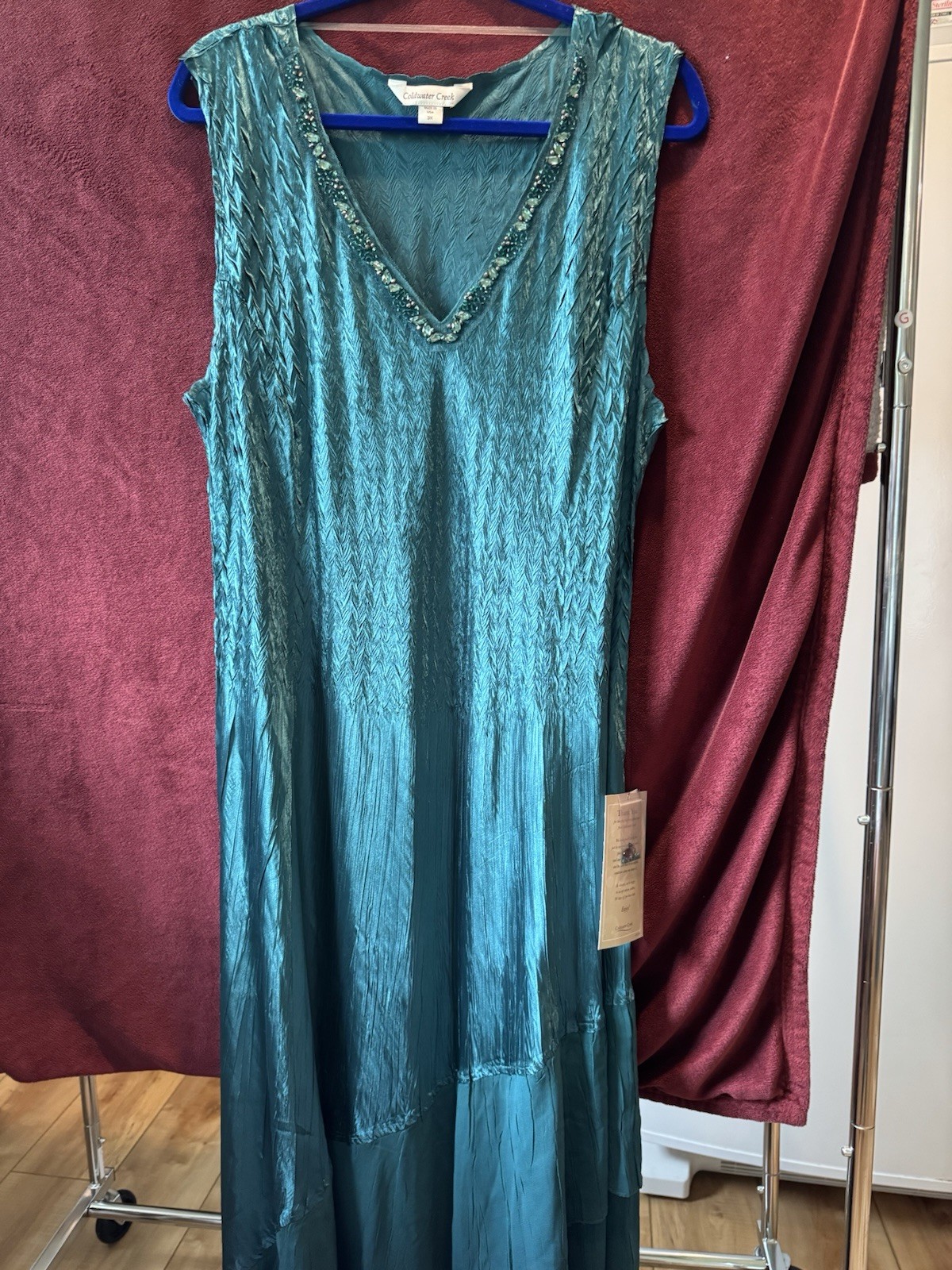 Komorav Green Satin Silk Beaded V-Neck Sleeveless Tiered Maxi Dress 3X