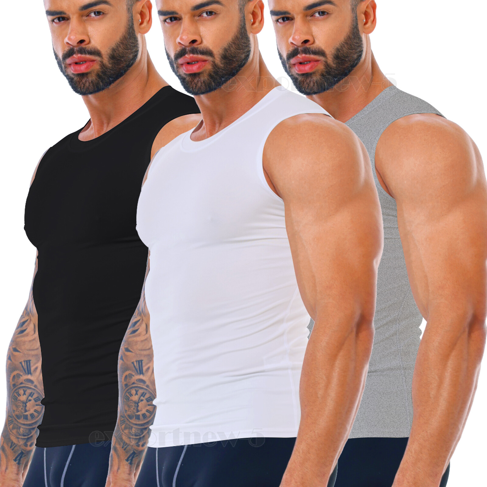 3PCS Mens Compression Sport Vest Tight Tank Base Layer Sleeveless Top Singlet