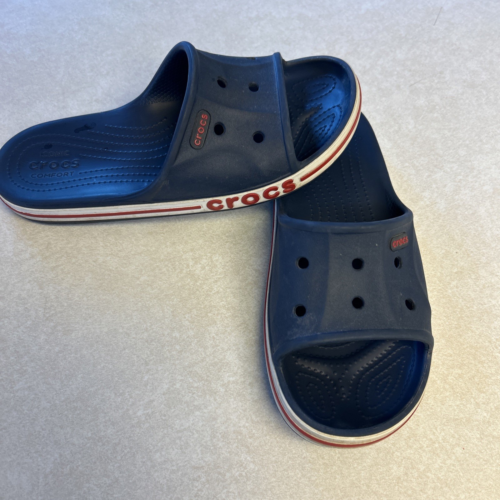 Crocs Bayaband Navy Blue Red White Slip-On Slide Sandals Womens Size 9 Mens 7
