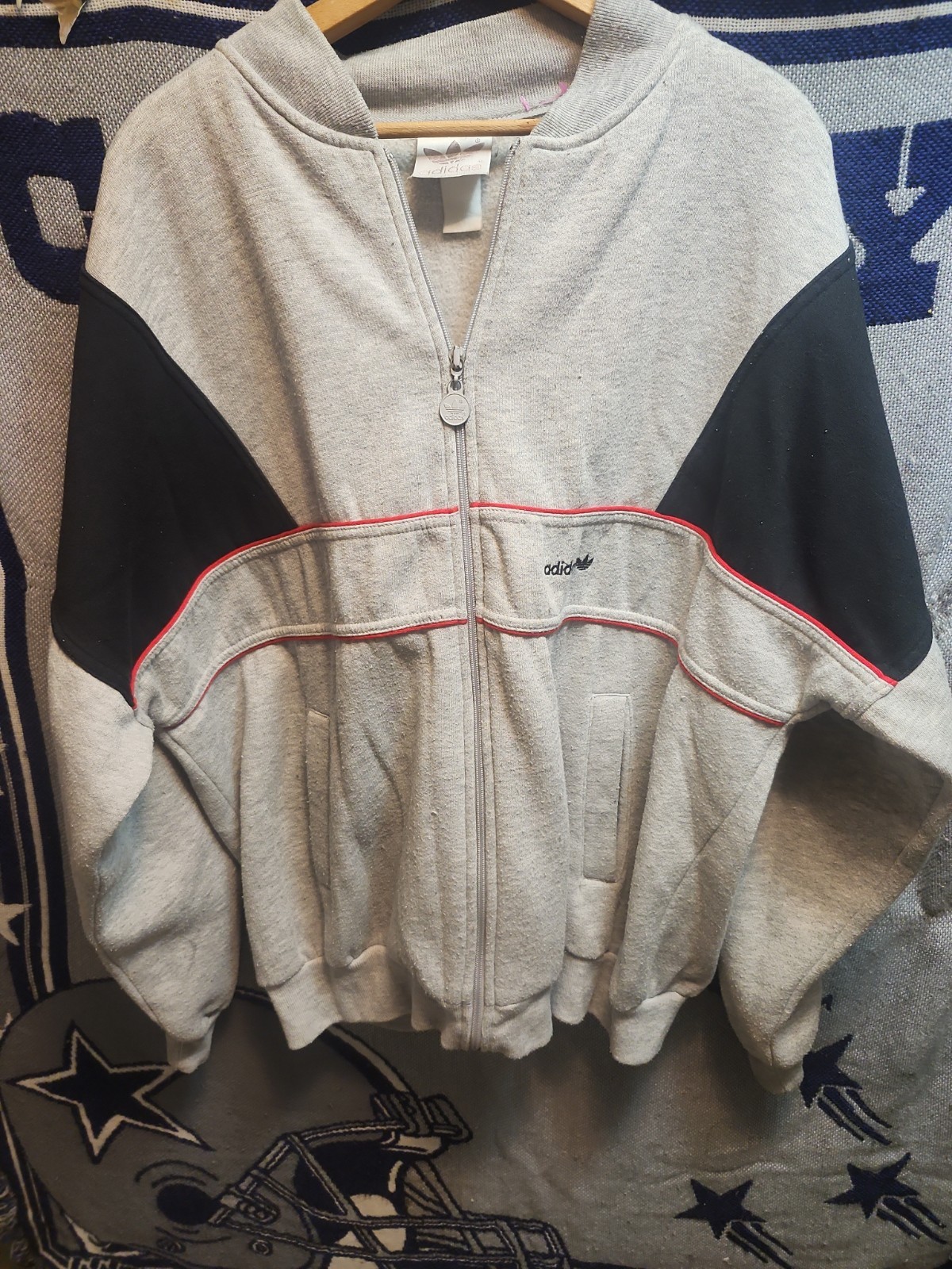 Vintage 80s 90s Adidas Colorblock Trefoil Hoodie L/XL Boxy Gray Red Black