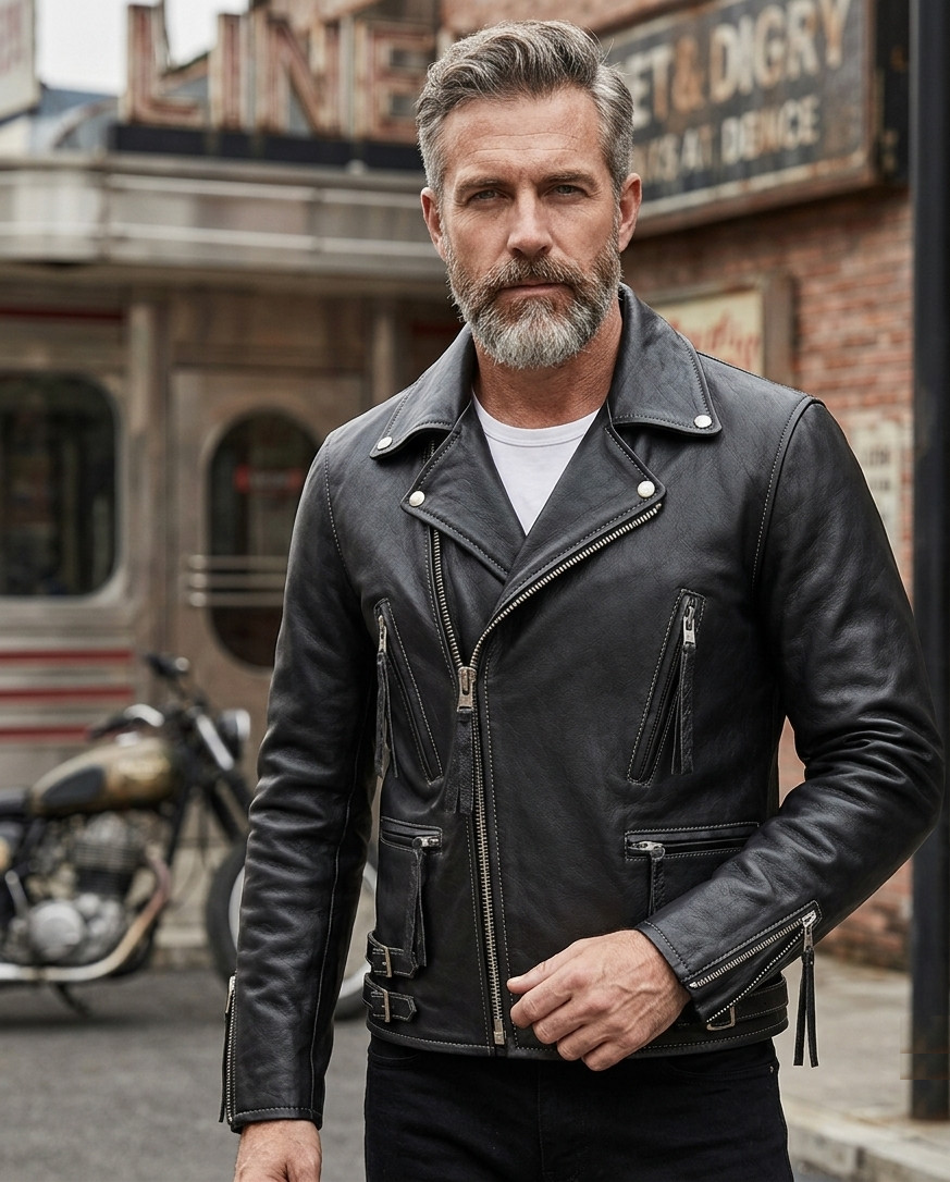 Men’s Genuine Leather Double Rider Jacket Classic Brando Motorcycle Biker Coat