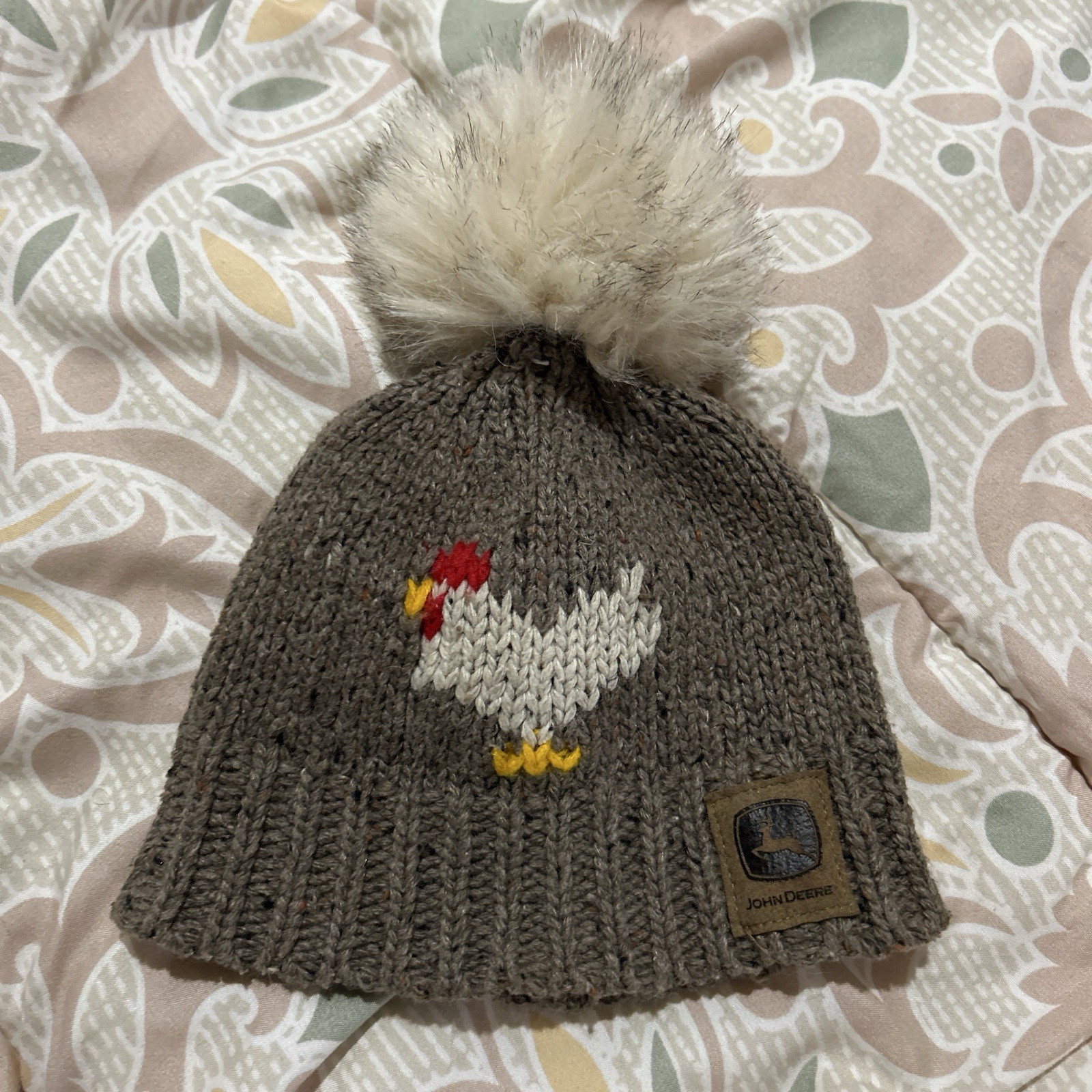 John Deere Gray Knit Acrylic Pom-Pom Beanie Chicken Graphic Logo One Size