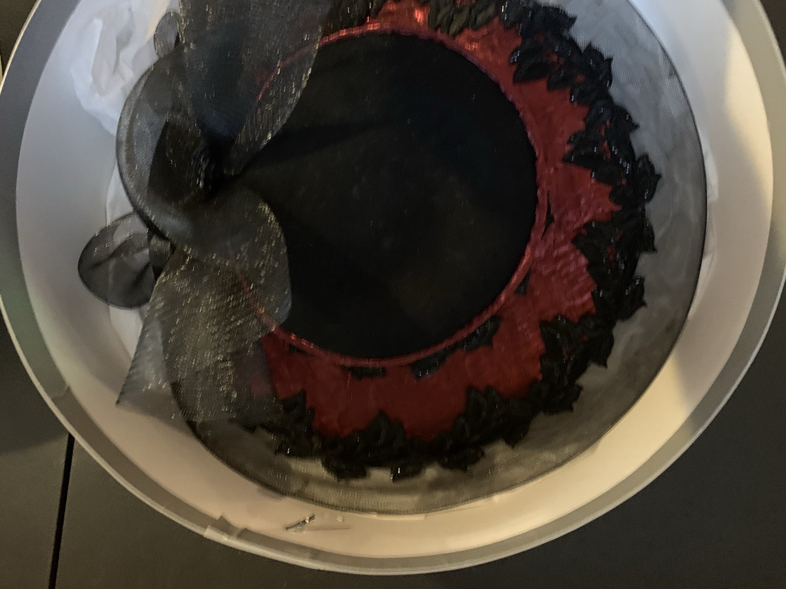 Mr. Song Millinery Hat Victorian Style Striking Red Texture Black Lace With Bow