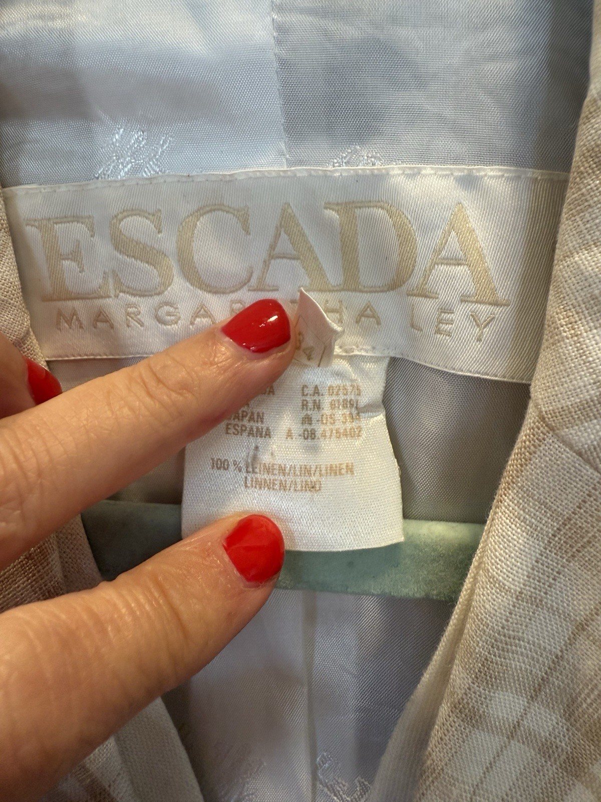 Escada Margaretha Ley 100% Linen Plaid Blazer Beige White Gray Size 34