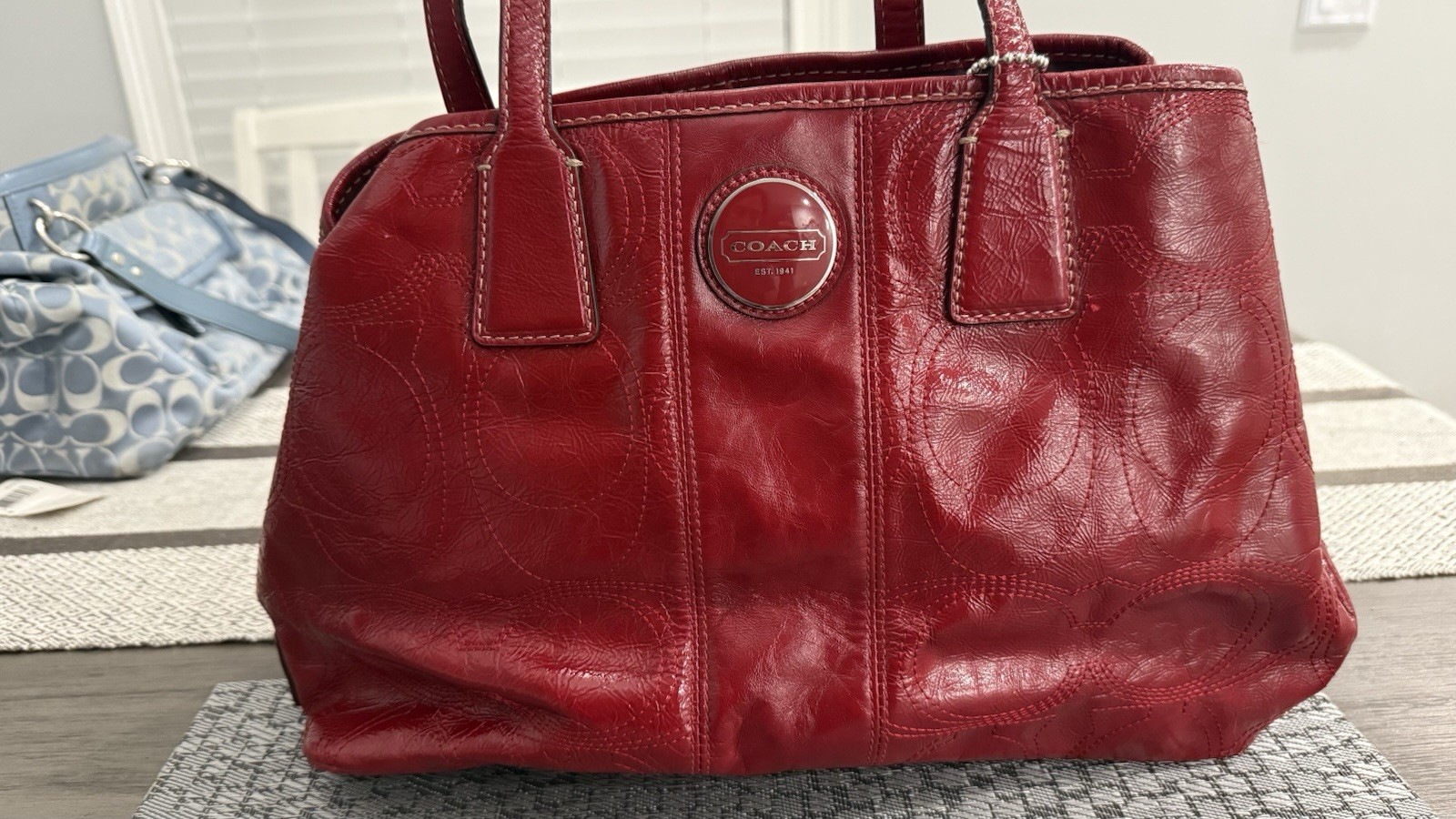 Coach Red Logo Satchel/Top Handle Bag Silver Hardware Kiss Lock Snap Charm