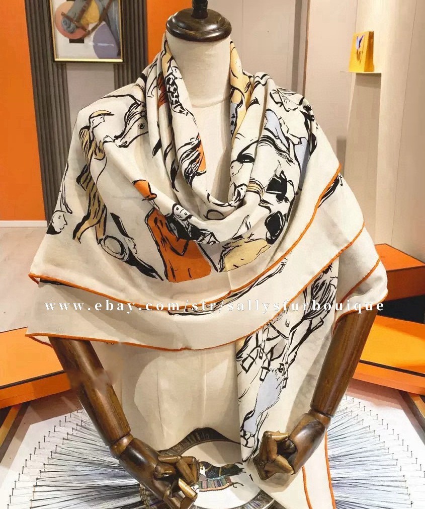 Sallys 70% Cashmere & 30% Silk Wrap Scarf Horses Print Double Face Shawl 53″