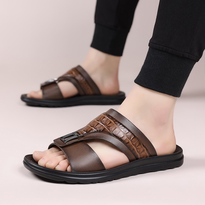 Men’s Croc-Embossed Slide Sandals, PU Leather, Comfort Non-Slip Rubber Sole