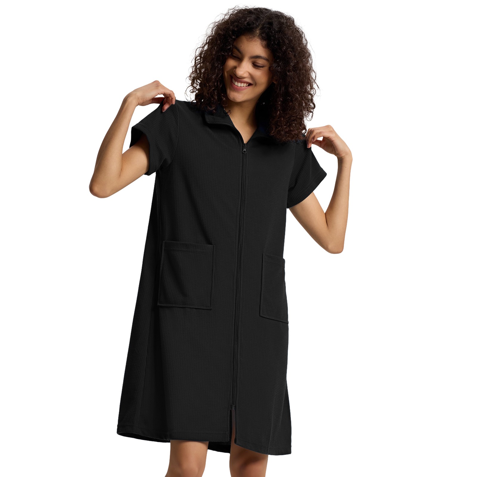 SIORO Women Zip-Front Robes Short Sleeve Bathrobes Waffle House Coat Loungewear