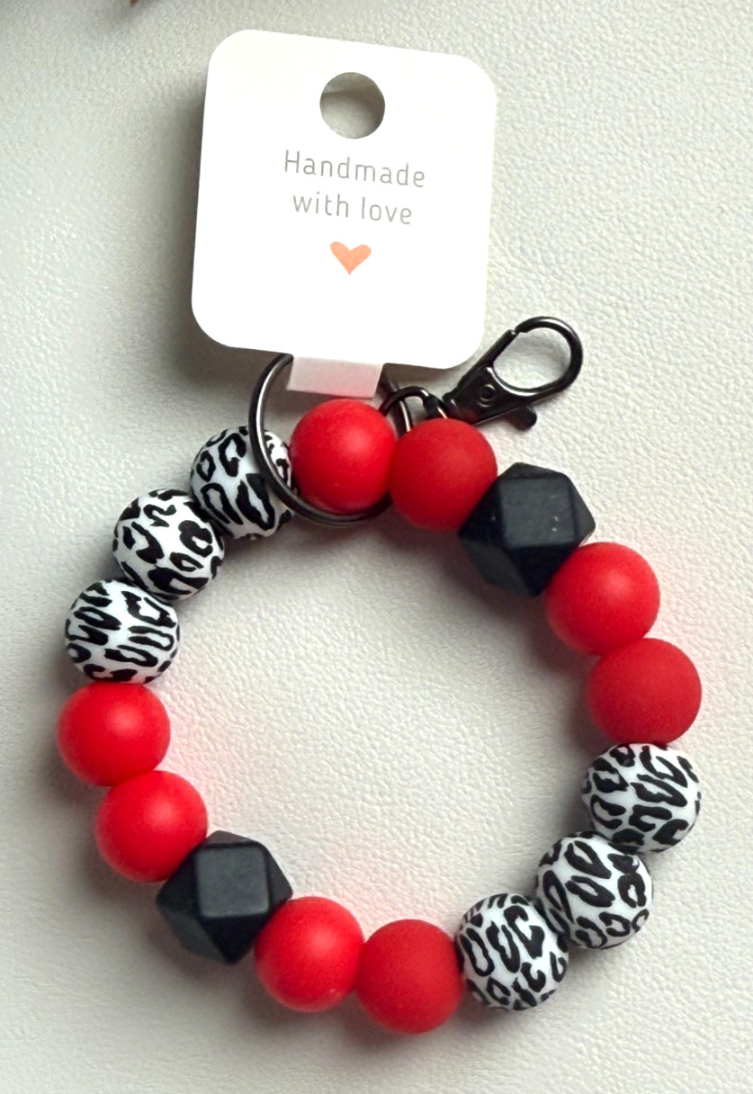 Silicone Beaded Keychain Wristlet Bracelet Red Leopard