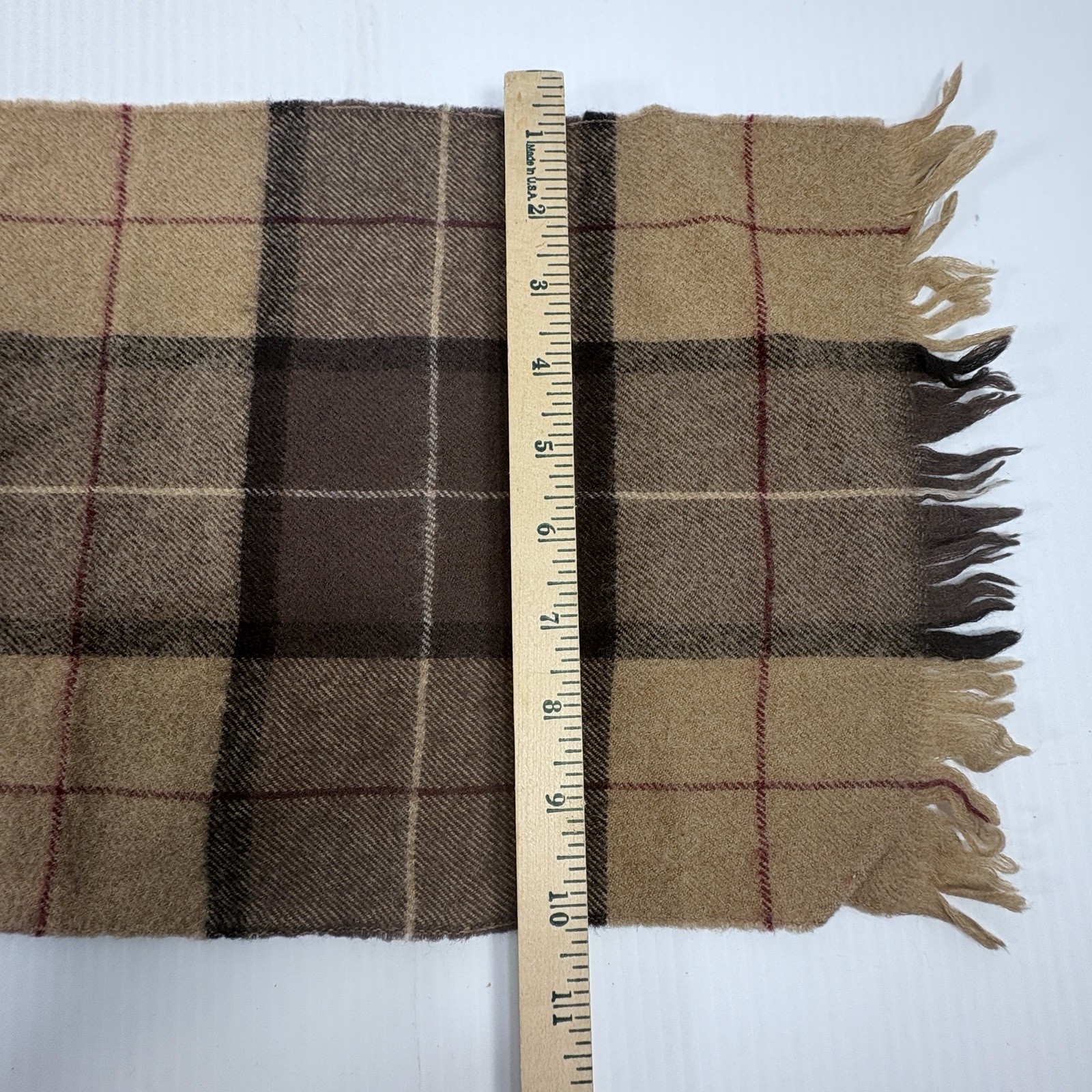 Plaid Wool Scarf Unisex 48 inches x 10 inches Tan Beige White Black Red Fringe
