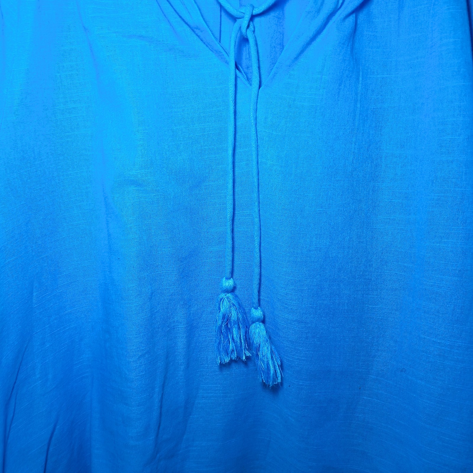 F&F Womens Top Blue Size UK 18 100% Cotton Embroidered Boho Lagenlook Tassel