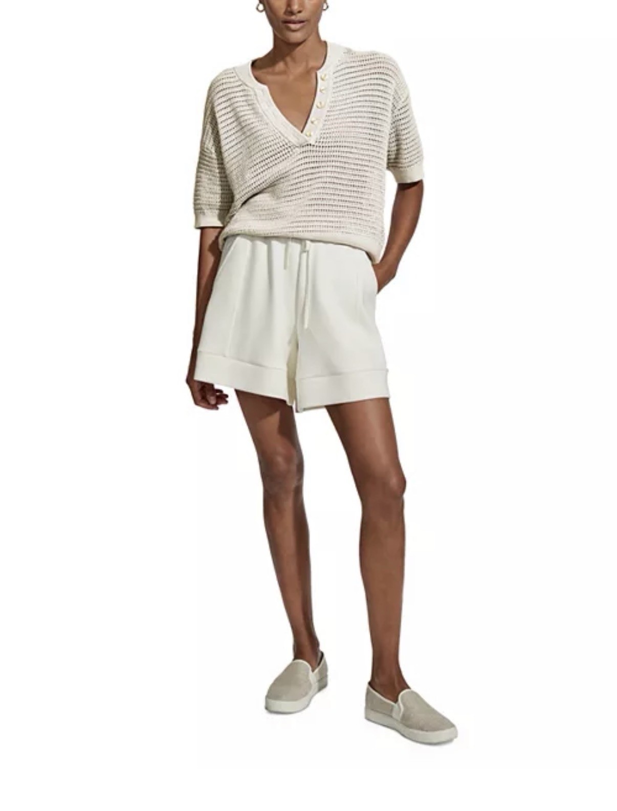 Varley Callie Knit Top M Egret Cream Medium Women’s Button Short Sleeve Shirt