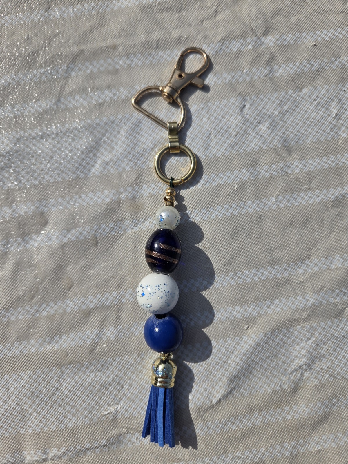Blue & White Beaded Tassel Key Chain w/ Lobster Clasp & Key Ring for Women