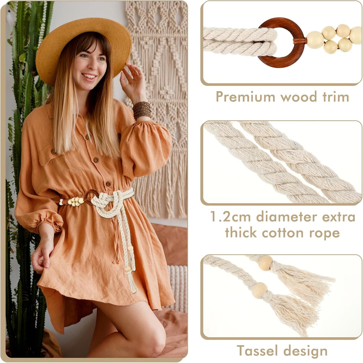 Women’s Tassel Braided Waist Belt, Skinny Woven Belt for Dress Waist Belt Rope C