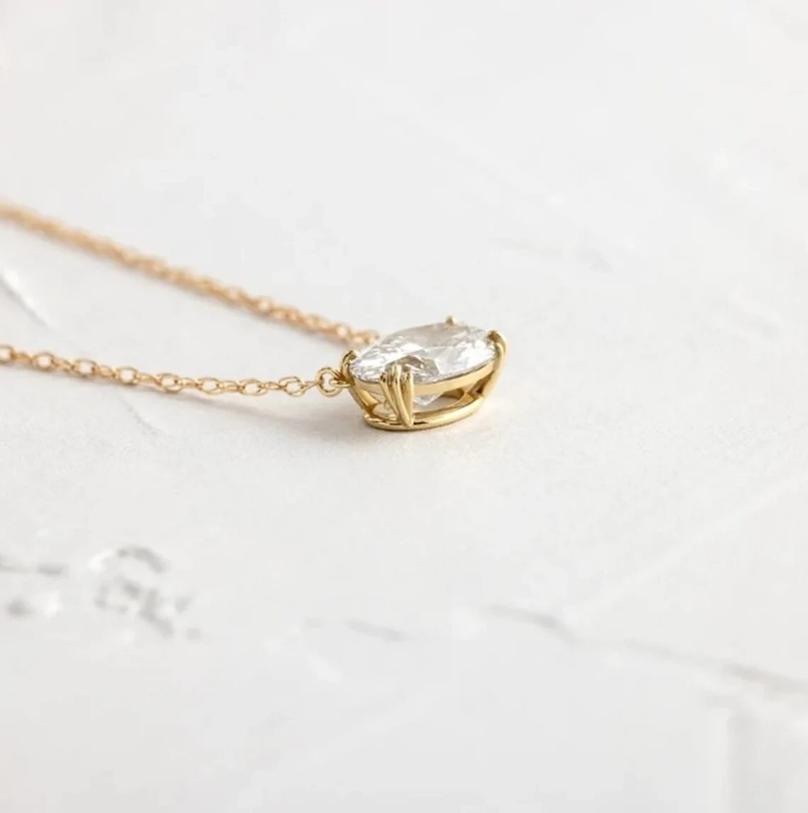 Oval Cut lab Created Diamond Solitaire Pendant Necklace 14K Yellow Gold Plated