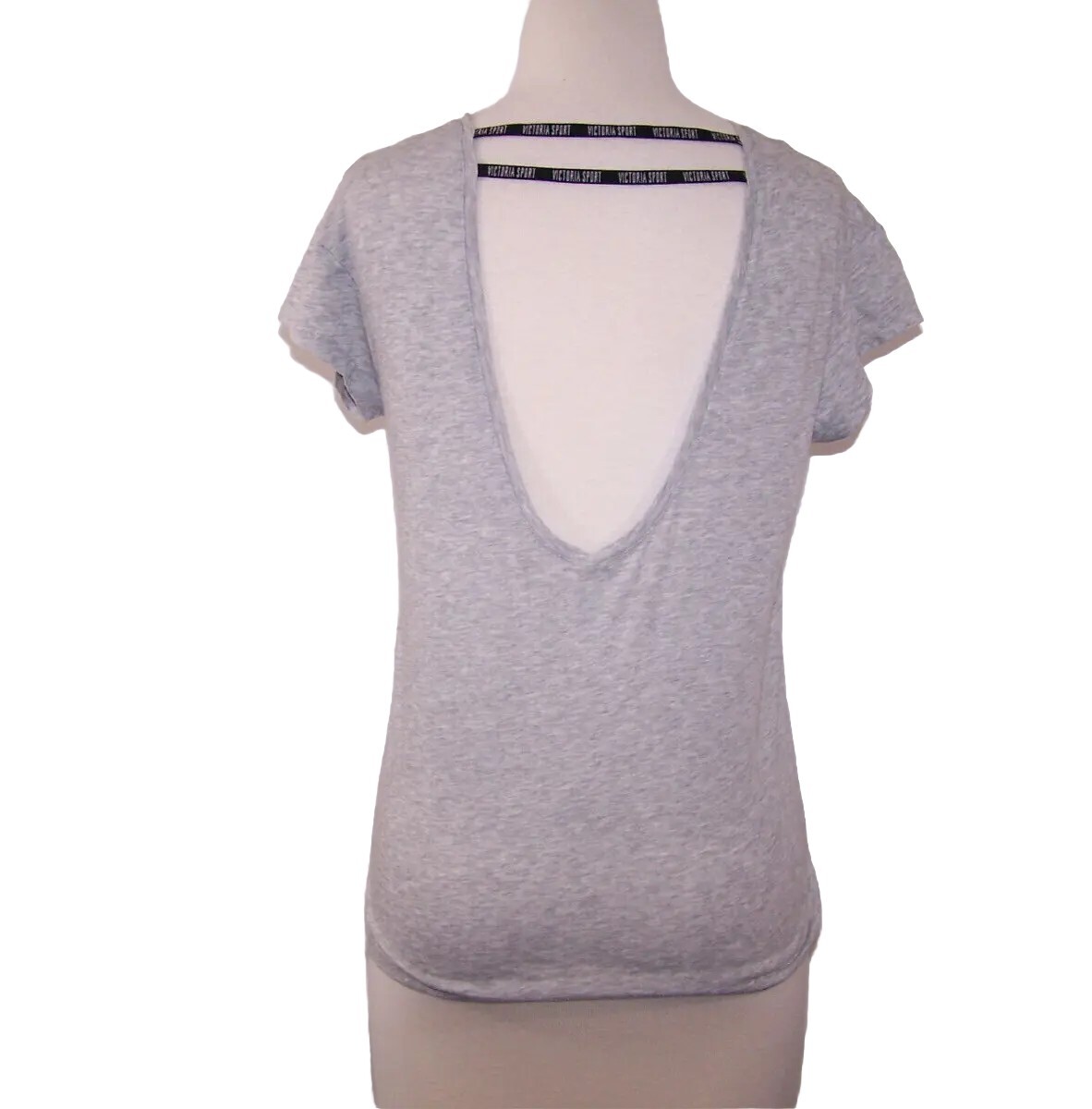 Victoria Sport T Shirt Top Sz XS Strappy Low Cut Back Gray Short Sleeve Stretch