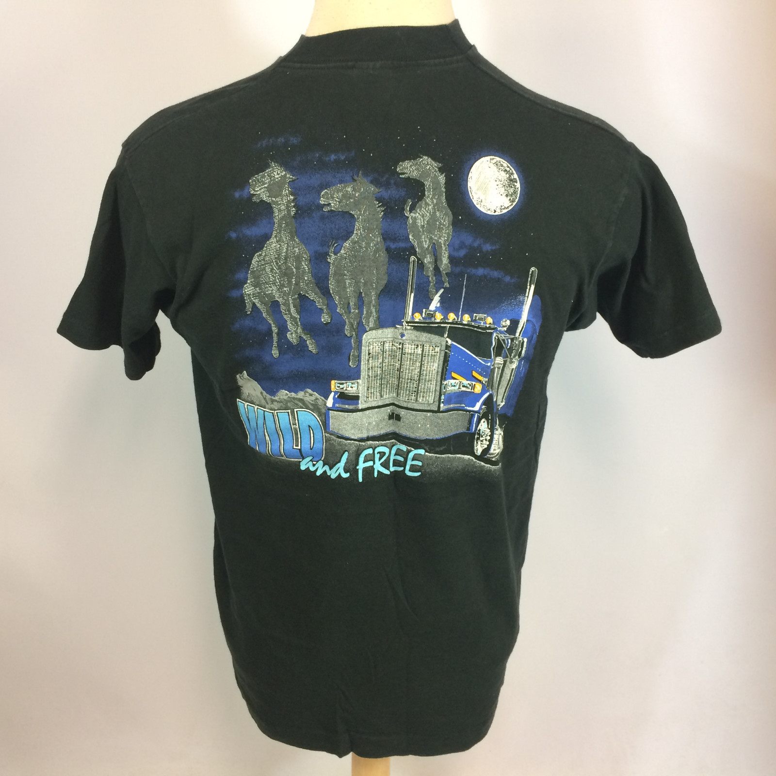 Vintage 80s 90s Black Trucker Motorcycle Horse Moon Distressed Pocket T Shirt