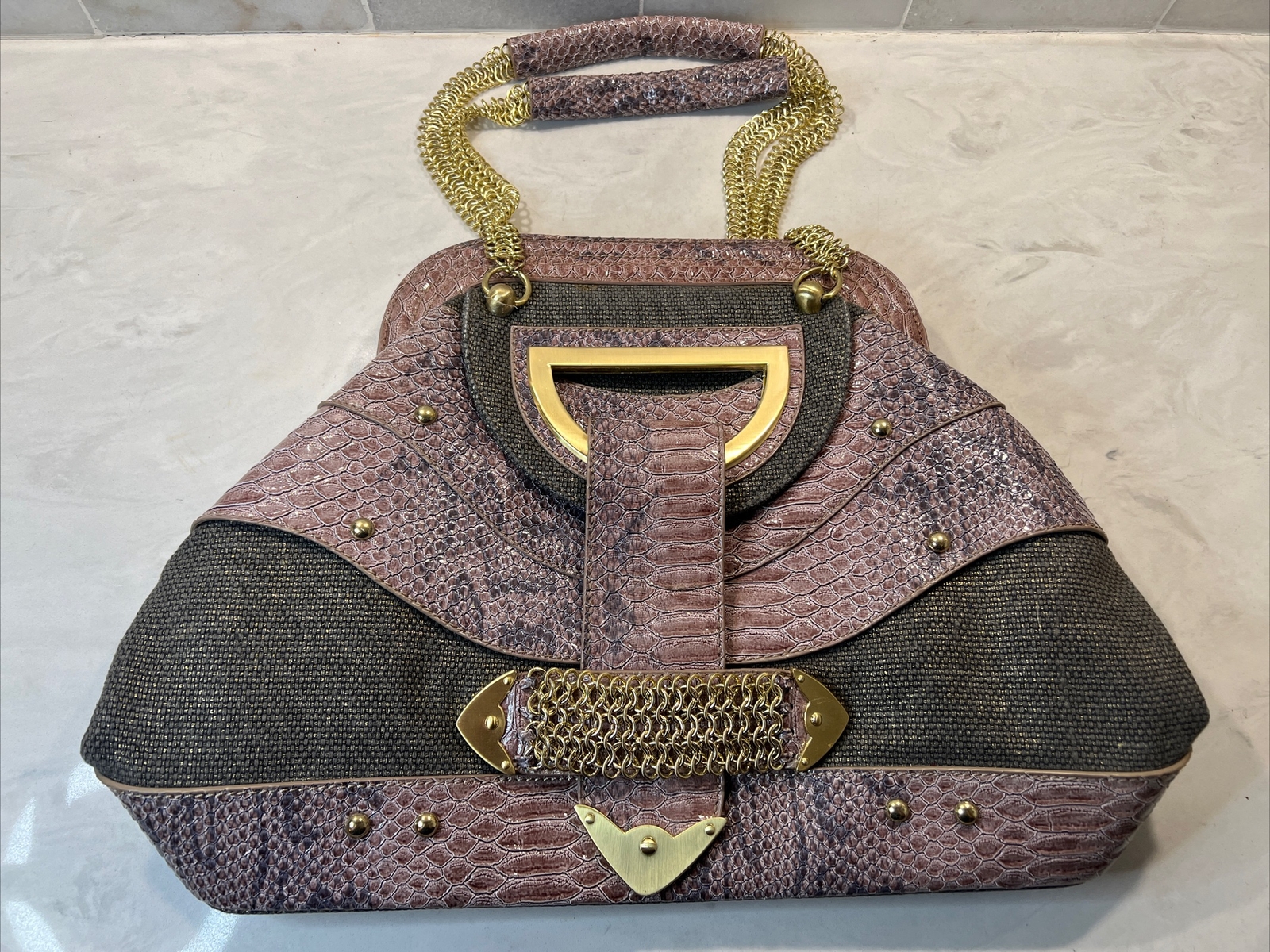 The Look by Randolph Duke Faux Croc Embossed Handbag Pink Purple Bling Bag