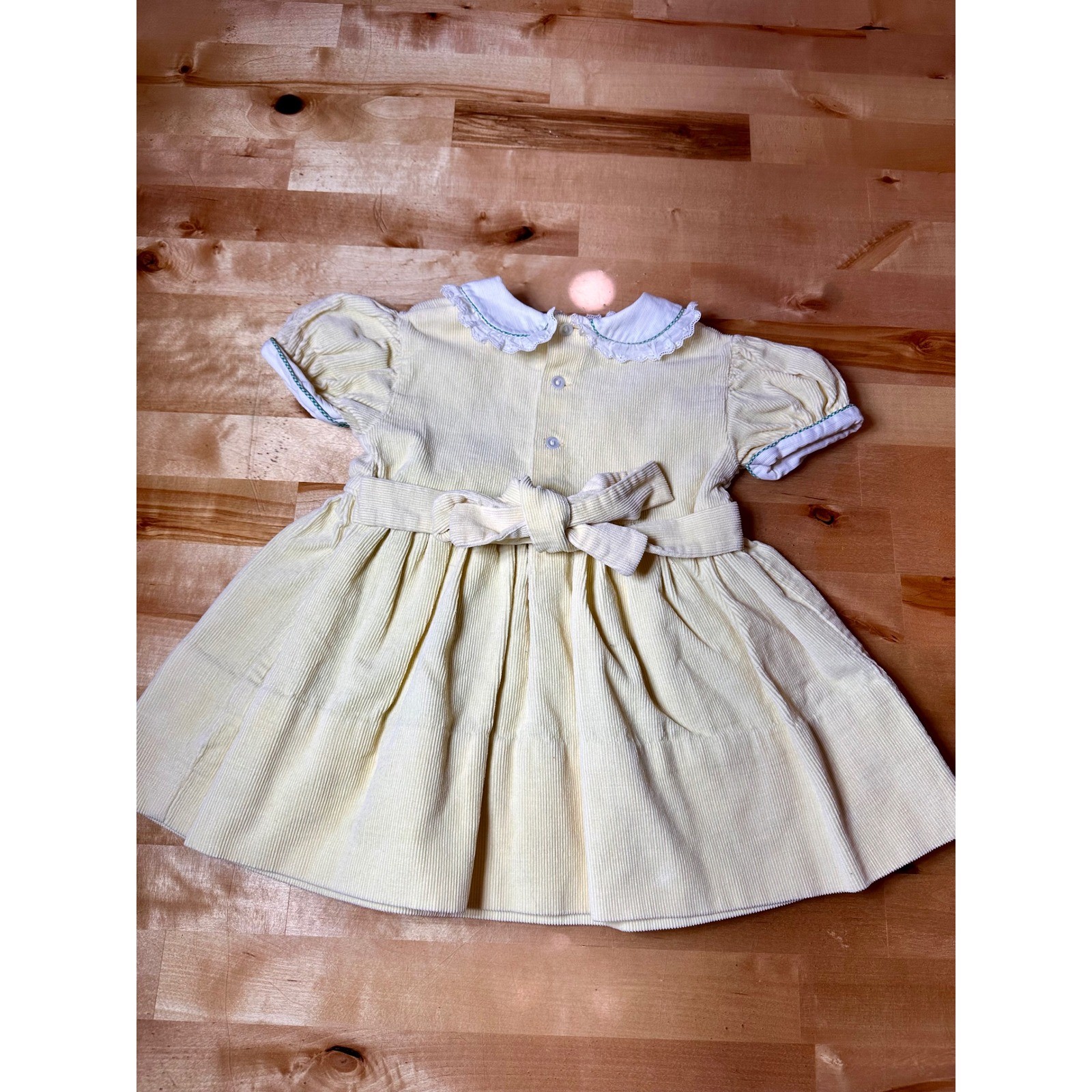 A-Lad-N Vintage Corduroy Dress Kids Sz 2 Yellow Peter Pan Collar Kite Embroidery