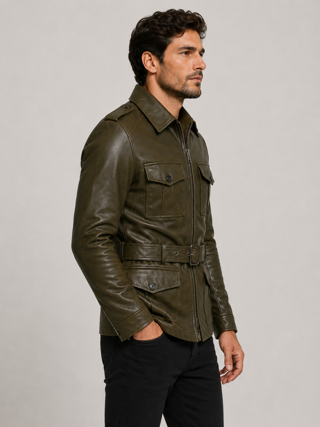 Men’s Olive Leather – Field Jacket Belted Military Style – Utility Coat – Zip Up