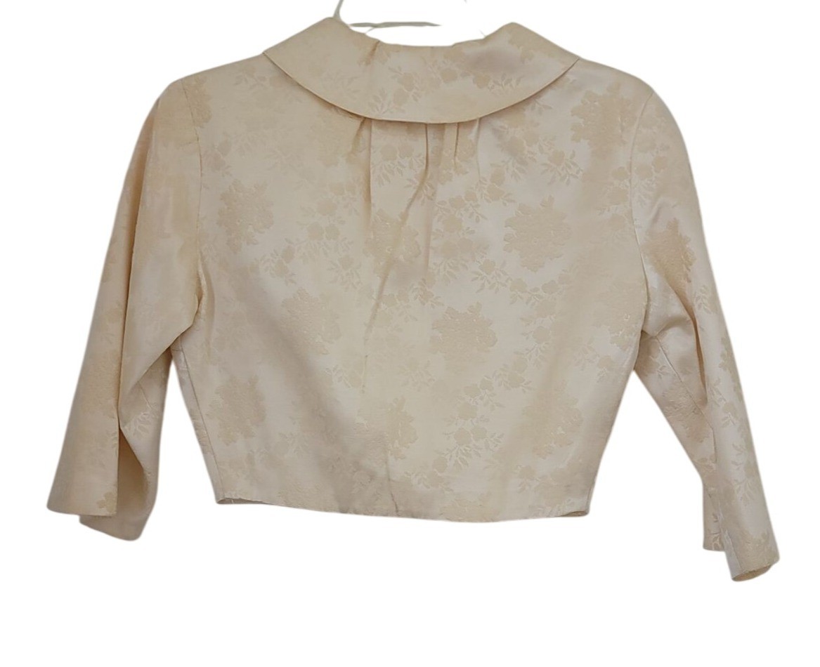 Vintage 50s/60s Ivory Brocade Floral Jacquard Dress & Cropped Jacket Set S/M