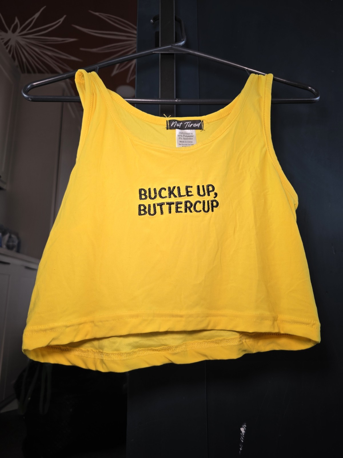 Not Tired Yellow Embroidered ‘Buckle Up Buttercup’ Cropped Sleeveless Tank S/M