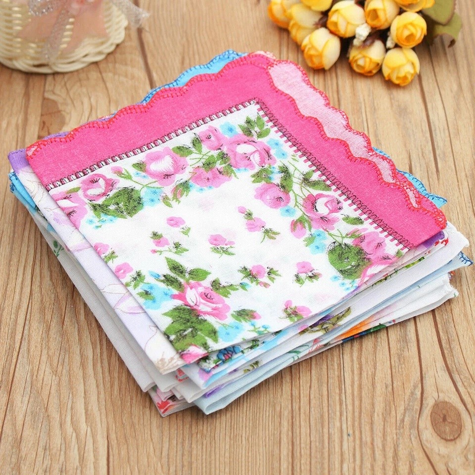 20PCS Women Vintage Floral Flowers Handkerchief 100% Cotton Square Hanky Ladies
