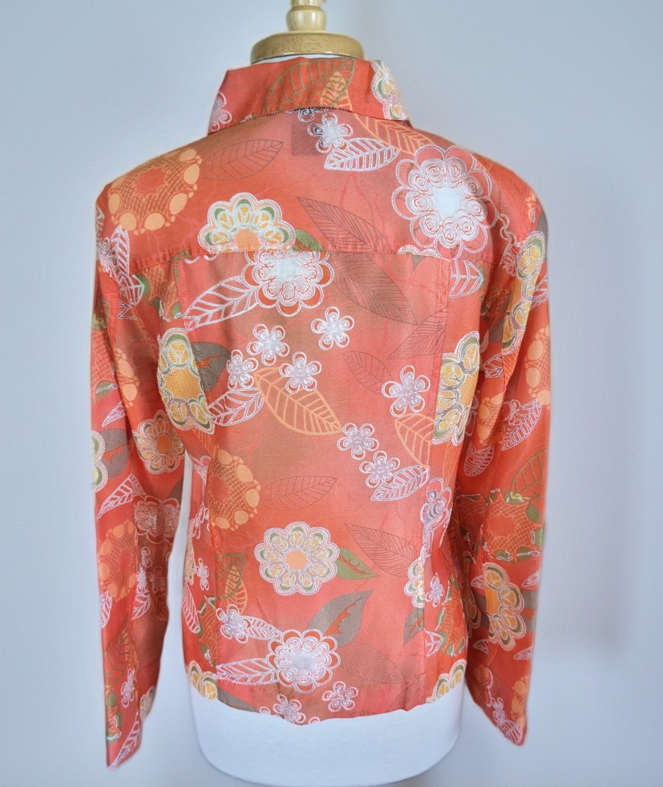 Multiple’s Coral Orange Floral Blouse Medium Semi Sheer Button Front Rayon Blend