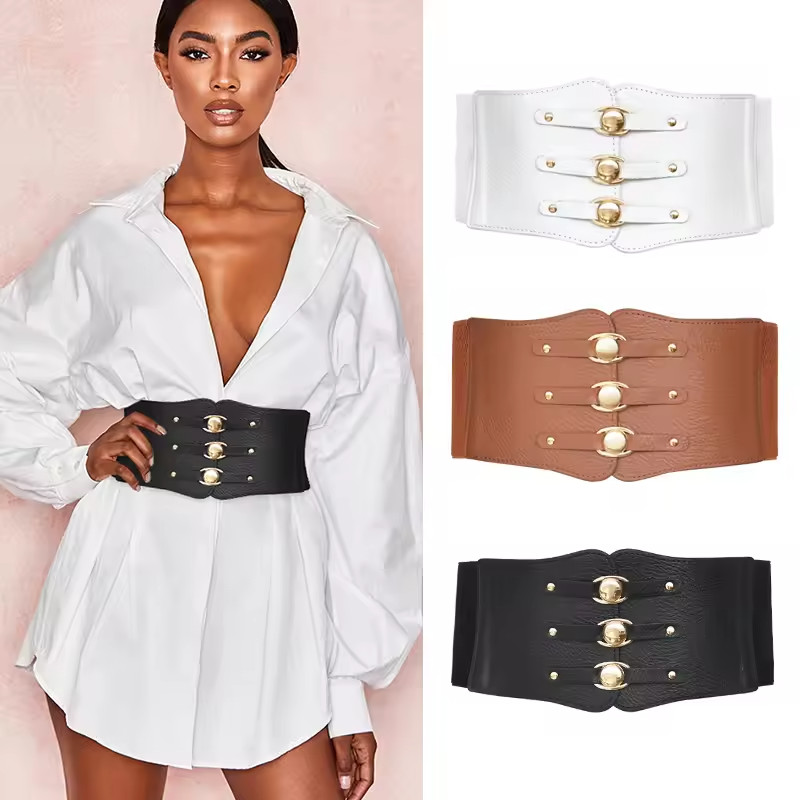 Women Wide Elastic Waist Belt Cinch Corset Triple Gold Buckle Dress Waistband