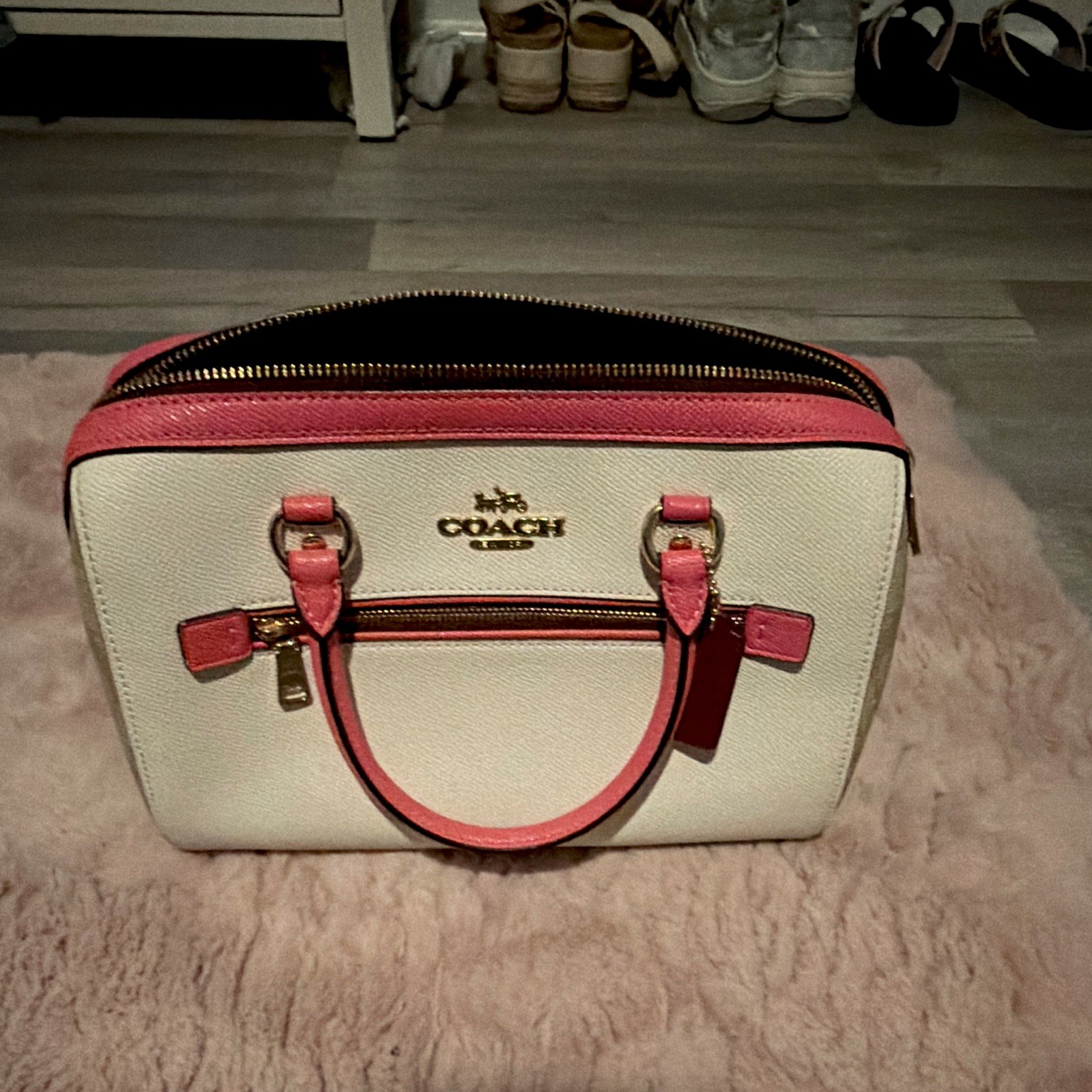 Coach White/Pink Colorblock Satchel Top Handle Zip Gold HW Front Pocket Charm